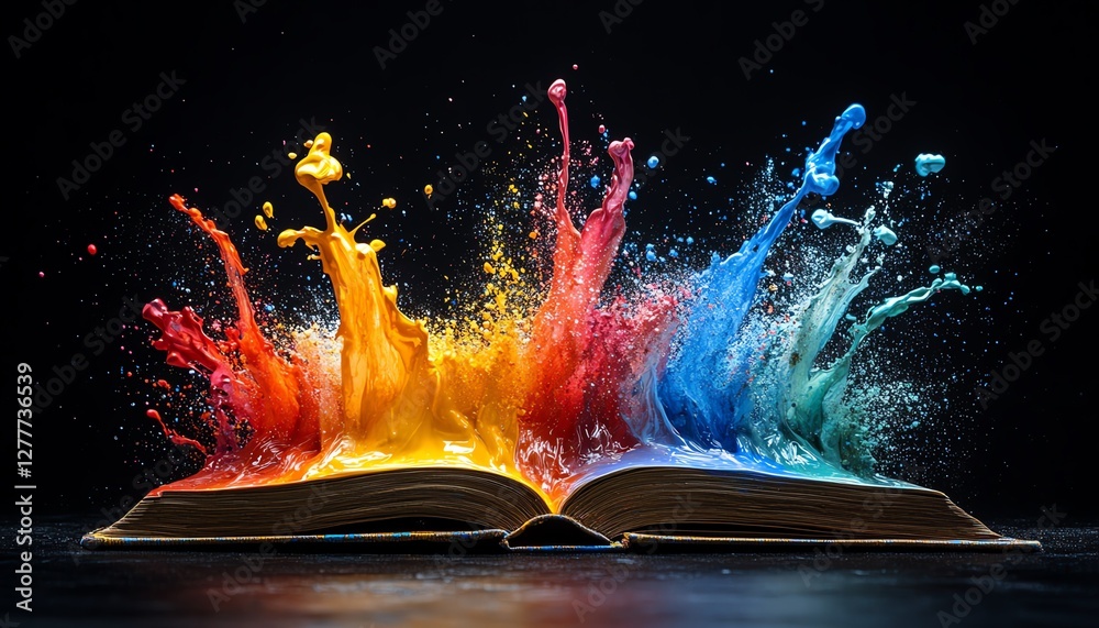 Poster Colorful paint bursts from an open book on a black background, creating a dynamic and energetic composition of vibrant hues, high contrast, ultrarealistic, 8K UHD