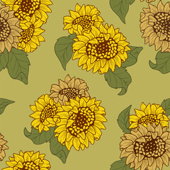 Seamless pattern of sunflower with combination of yellow and brown color, digital pattern for prints, fabrics, or sublimation.