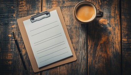 New Year 2025 goals list on clipboard, coffee mug next to it on a rustic wood desk, setting resolutions and planning, grunge aesthetic, ultrarealistic, 8K UHD