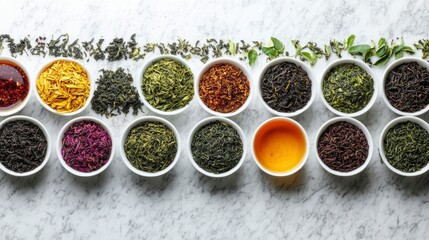 Assortment of Dried Tea Leaves in Bowls on Marble Surface
