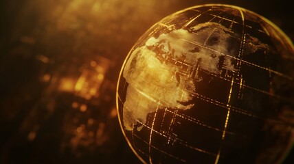 Visual representation of a golden globe highlighting continents in a glowing ambiance during a technological concept exploration