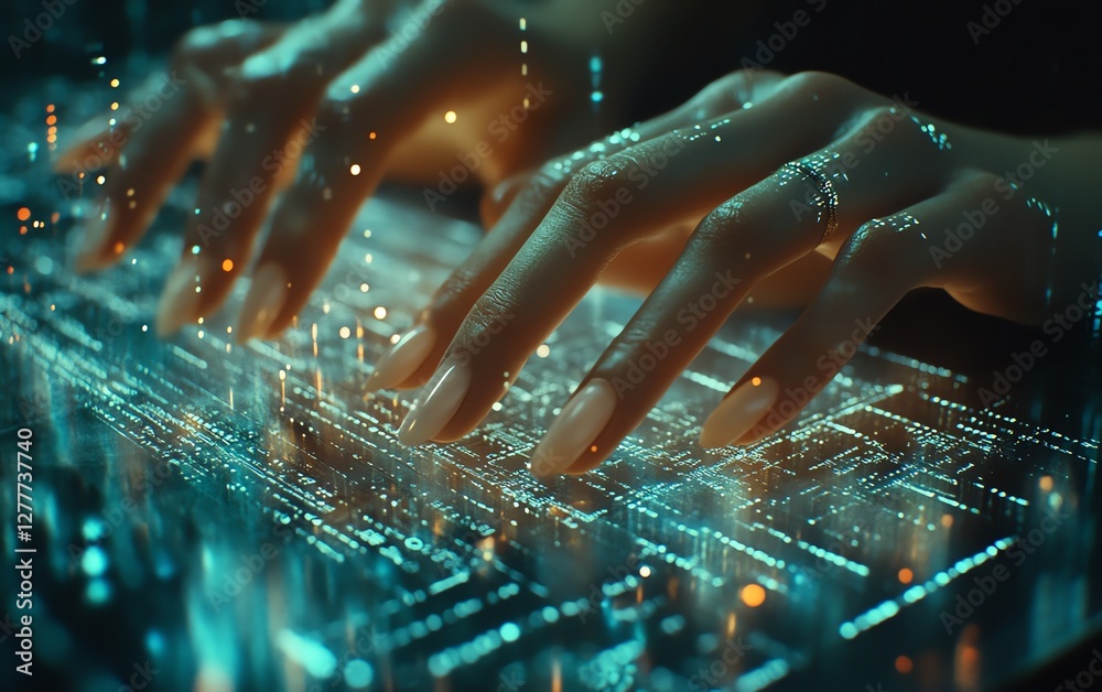 Poster Closeup of a woman s hands typing rapidly on a laptop, holographic metaverse emerging, intertwined with digital networks and binary code, abstract technology concept, 8K UHD