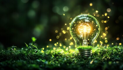 Futuristic light bulb powered by solar and wind energy, emitting a soft green glow, symbolizing sustainable energy and environmentally friendly technology for a greener planet