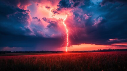 Fototapeta premium Dramatic Lightning Strike Over Sunset Field