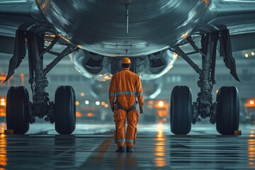 A worker in bright orange overalls inspects the engine of an aircraft under twilight conditions, ensuring safety and functionality before takeoff at the airport
