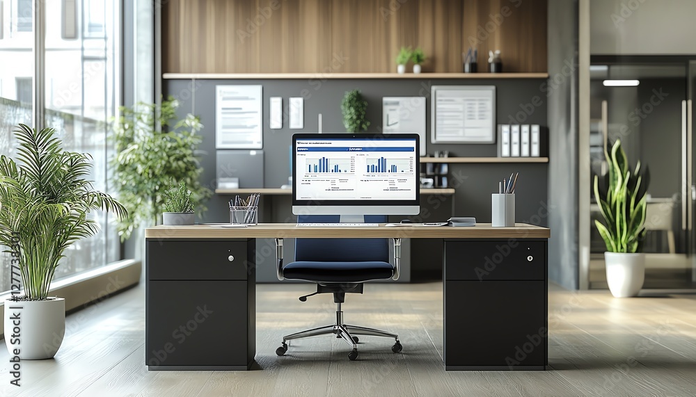 Poster Modern office setup with a laptop running an AIenhanced document management system, featuring an innovative dashboard, autotagging for digital files, and seamless cloud integration