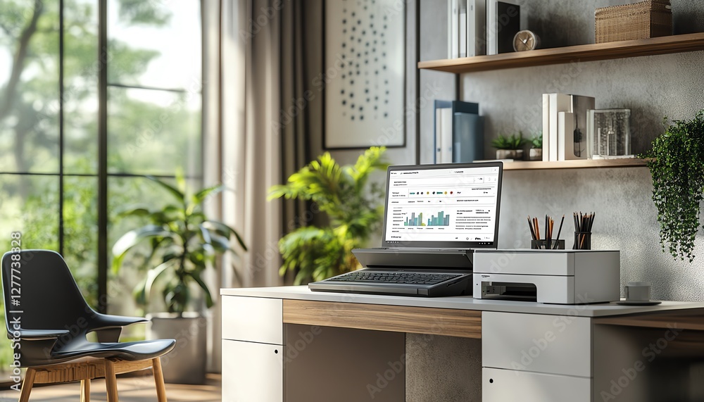Poster Modern office setup with a laptop running an AIenhanced document management system, featuring an innovative dashboard, autotagging for digital files, and seamless cloud integration