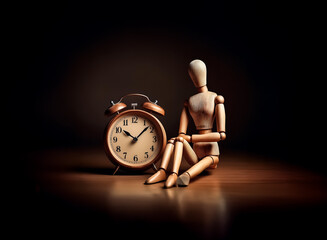 A wooden mannequin sits pensively beside a copper alarm clock in a dimly lit setting.  The scene evokes quiet contemplation and the passage of time in the subdued light against a dark backdrop.