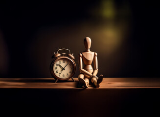 A wooden mannequin sits beside a vintage alarm clock on a wooden surface in a dimly lit setting. The scene evokes a sense of stillness and contemplation.