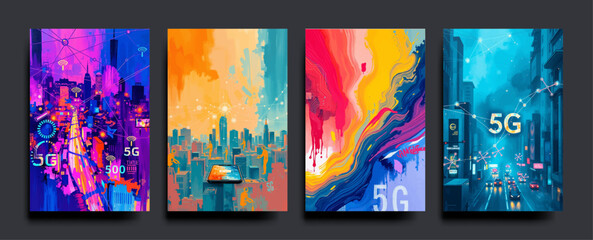  Set of Smart city and communication 5G network concept. IoT (Internet of Things). Telecommunication. vector painting Illustration.