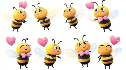 Naklejka premium Set of adorable bees with heart-shaped wings, wearing tiny bows and carrying glowing heart garlands, isolated on a white background
