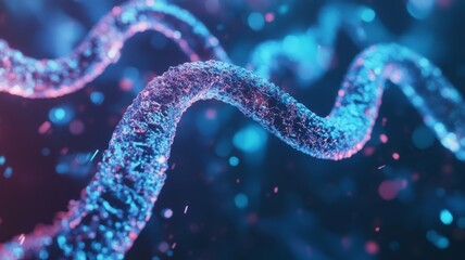 Colorful abstract representation of DNA strands in a scientific visualization showcasing molecular structures and energetic particles