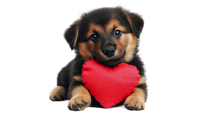 Cute puppy holds red heart toy in playful pose