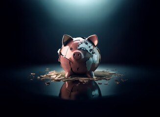 A shattered piggy bank with a world map design sits under a bright spotlight, amidst scattered coins and fragments on a dark reflective surface. Symbolizing global financial fragility and economic ris