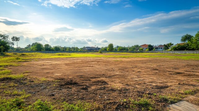 Open landscape under a blue sky with scattered clouds, showcasing a newly cleared plot of land with patches of greenery in a residential area during the day