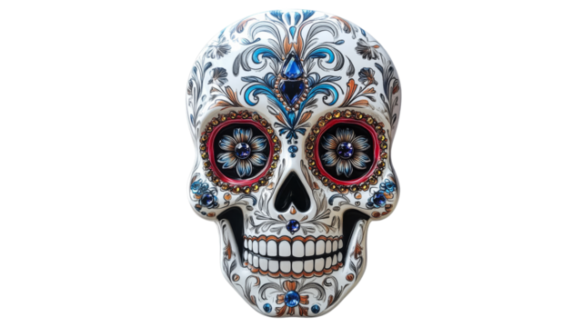 Decoratively styled skull with colorful designs