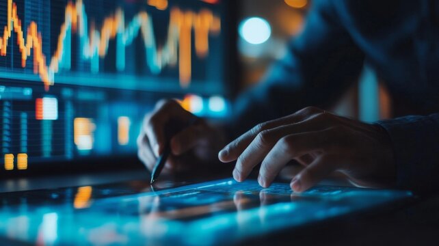 Analyzing financial data on a digital tablet in an evening business setting with vibrant graphs displayed