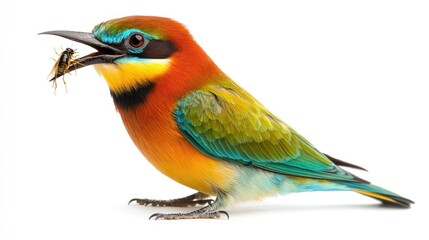 Fototapeta premium Colorful Bee-eater Bird Eating Insect on White Background
