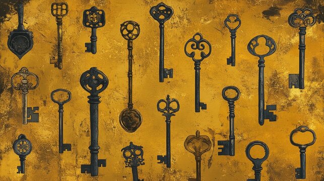 Many ornate antique skeleton keys float on a golden background