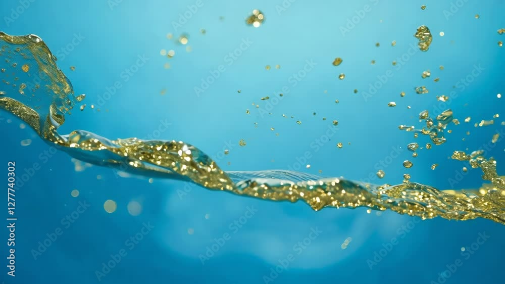 Poster Dynamic drops of yellow glitter in blue oil or ink diffusing through water, creating an abstract aquatic swirls