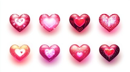 Obraz premium Set of assorted Valentine's Day cards with heart-shaped cutouts, glowing neon pink and red designs, isolated on a clean white background