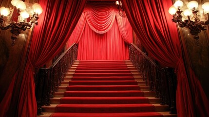 Fototapeta premium A beautiful red curtain with soft lighting effects highlighting a staircase, creating an elegant and inviting atmosphere.