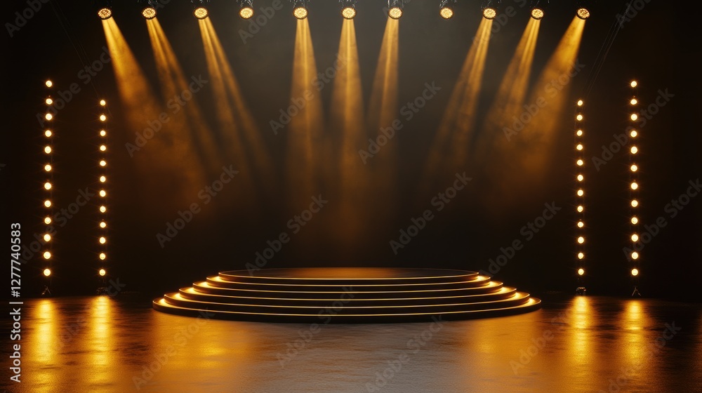 Poster a black and gold podium, lit by dynamic light effects, creating an elegant and high-end atmosphere f