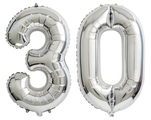 Shiny balloons form the number 30 isolated in white background celebration anniversary party festive
