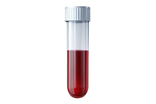 Test tube with red liquid isolated on Transparent  Background. Red blood sample medical glass tube, empty test tube