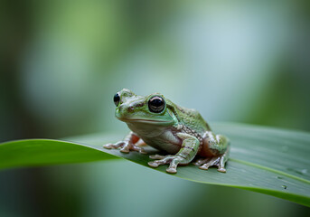 Obraz premium Vibrant Green Tree Frog Perched on Lush Leaf Stunning Nature Photography