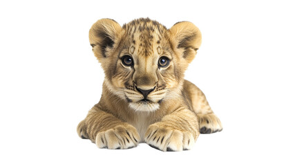 Obraz premium Young lion cub resting quietly on a surface