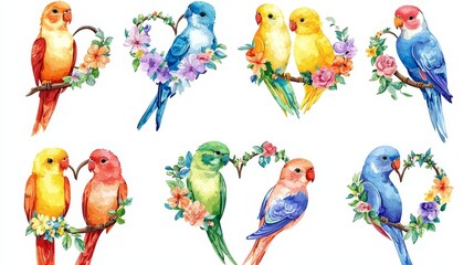 Obraz premium Set of colorful lovebirds with floral wreaths around their necks, perched together forming heart shapes, isolated on white