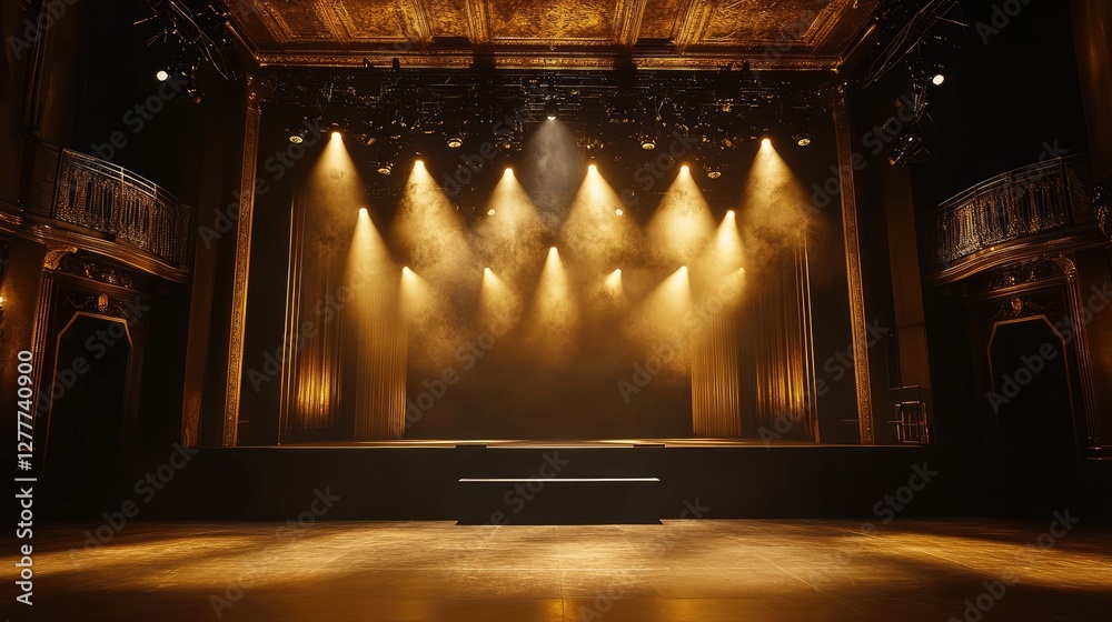 Poster A black and gold stage with stunning light effects, creating an elegant and grand setting for a performance.