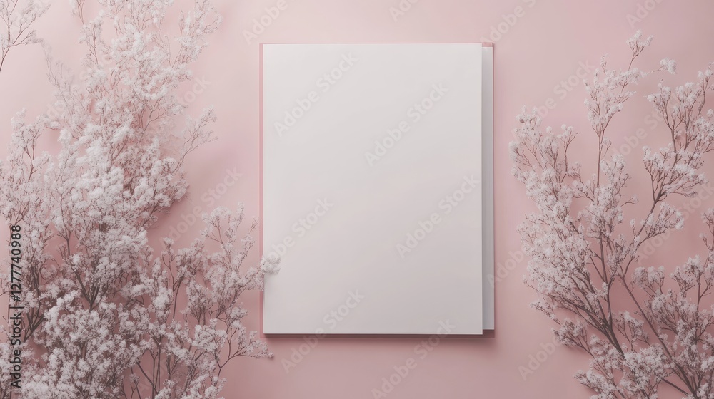 Poster A blank notepad with white pages on a soft pink background, ready for adding creative content or notes