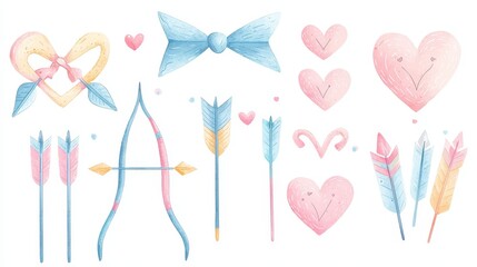 Set of hand-drawn-style bows and arrows with heart motifs, colorful pastel tones, and playful details, isolated on a clean white surface