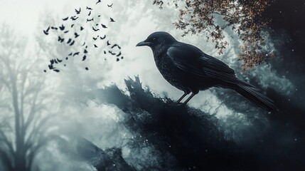 Fototapeta premium A crow perched on a branch in a misty forest with bats flying.