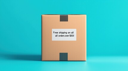 A cardboard box displaying a free shipping offer for orders over 50 dollars against a vibrant teal background.