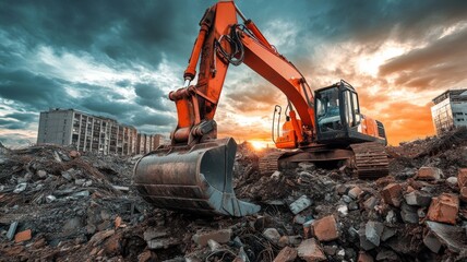 Excavator works on demolition site during sunset as clouds illuminate the sky with vibrant colors
