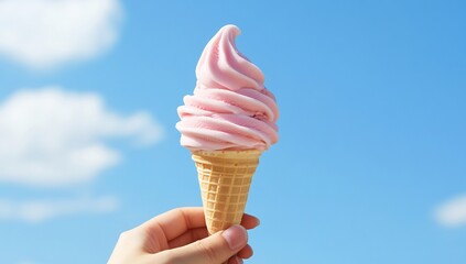 Holding strawberry ice cream cone with blue sky and clouds; summer treat use