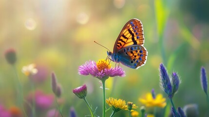 Obraz premium A butterfly perched on a vibrant flower in a colorful summer meadow, symbolizing peace and the beauty of nature.