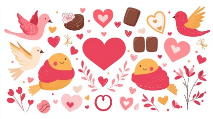 Stylish flat design set of assorted hugs, each surrounded by romantic Valentine's icons like lovebirds, rings, and chocolates on a white background