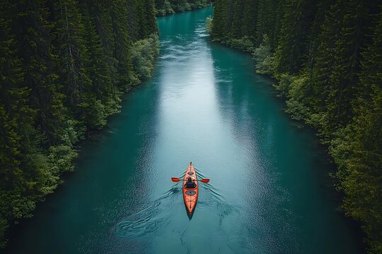 Aerial drone view of man is paddling on stand up paddleboarding in the mountain lake with pine trees forest
