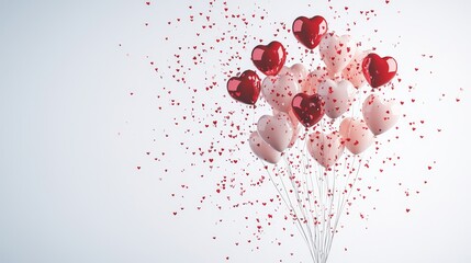 Transparent helium balloons filled with tiny red and pink heart confetti, glossy look, isolated on white