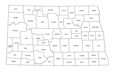 State of North Dakota subdivided into 53 counties, outline map. State in the Upper Midwest region of United States, nicknamed Peace Garden and Roughrider State. Map with boundaries and county names.