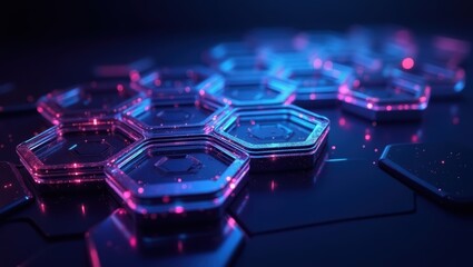Obraz premium Glowing Hexagon Network. An abstract representation of interconnected glowing hexagons, suggesting advanced technology, data structures, and network systems. Set against a dark backdrop.