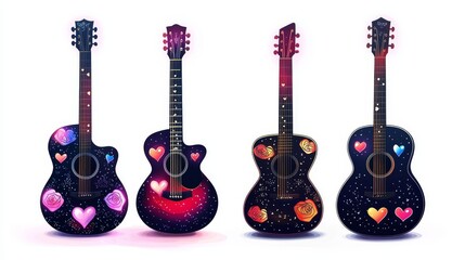 Fototapeta premium Unique set of electric and acoustic guitars decorated with love-themed decals, glowing heart accents, and subtle rose prints, isolated white background