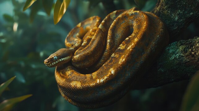 A close-up of a python coiled around a tree branch in the wild, showcasing its intricate scales and natural beauty.
