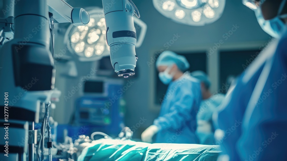 Poster A close-up of a robotic surgical system in use, with a medical team performing a minimally invasive procedure in a modern operating room.