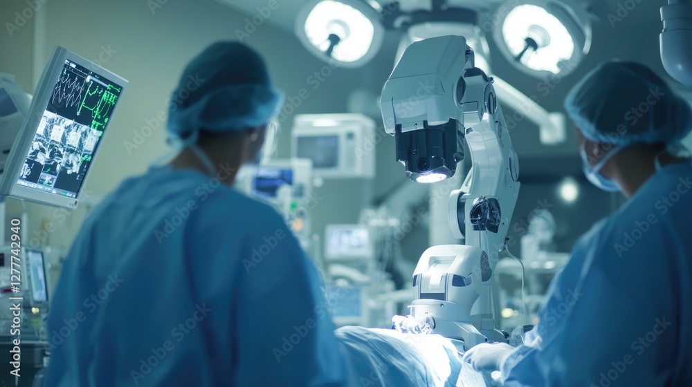Poster A close-up of a robotic surgical system in use, with a medical team performing a minimally invasive procedure in a modern operating room.