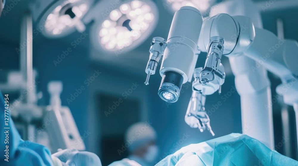 Aufkleber A close-up of a robotic surgical system in use, with a medical team performing a minimally invasive procedure in a modern operating room.